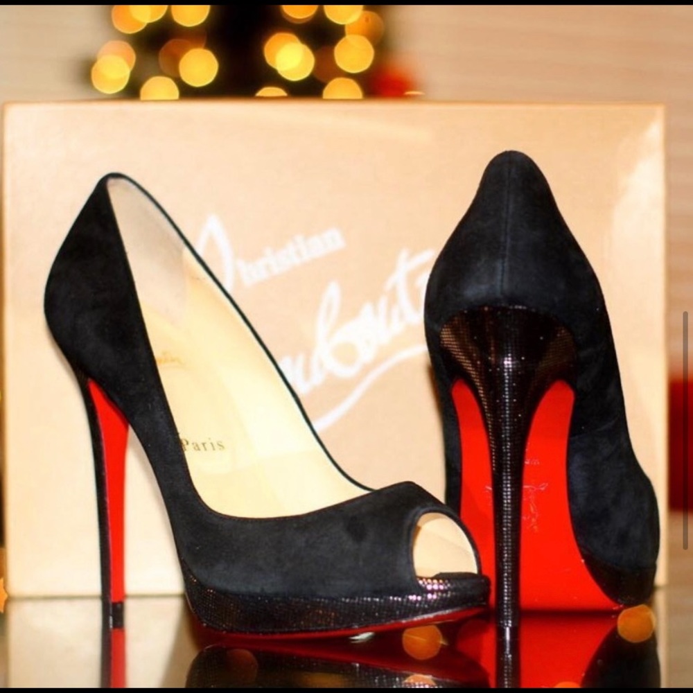 CHRISTIAN LOUBOUTIN Yolanda 120 Black Suede Pewter Peep Toe Heel